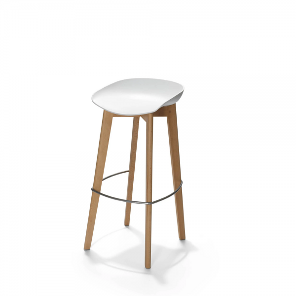 Tabouret de bar sans dossier avec piètement en bois clair et assise blanche, style moderne et épuré.