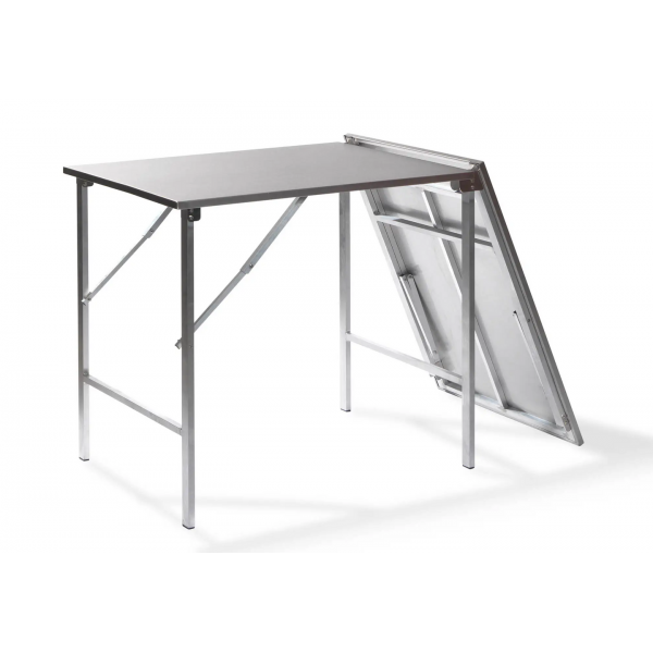 Vue de coté de la table pliante pour restauration en inox à demi pliée